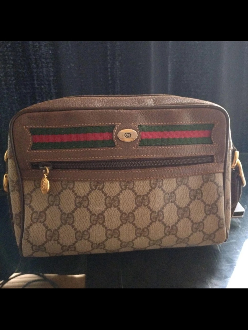 Gucci Brown Monogram Crossbody Bag with Green-Red Web